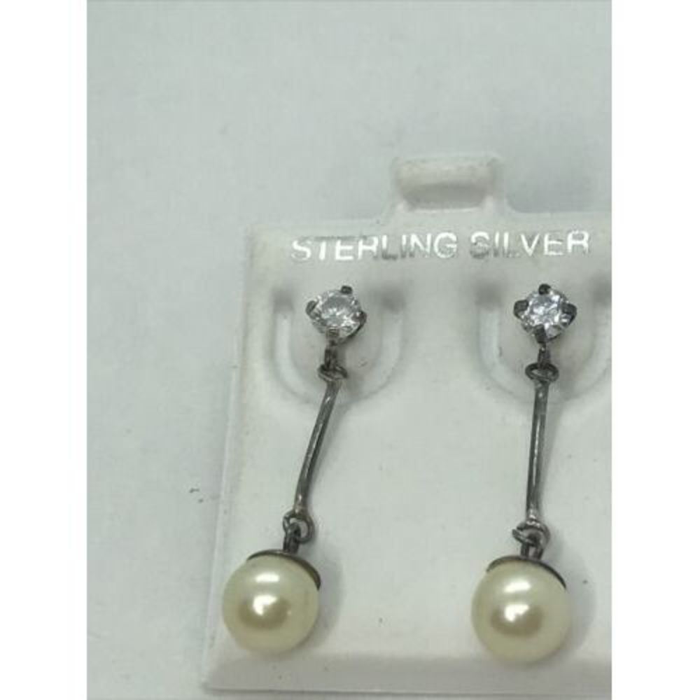 Sterling Silver 925 Genuine Pearl CZ crystals‎ Drop Dangle Earrings NWT